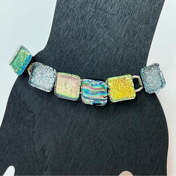 Multicolor Handmade Artisan Art Dichroic Glass Bracelet 6.25" - Picture 1 of 3